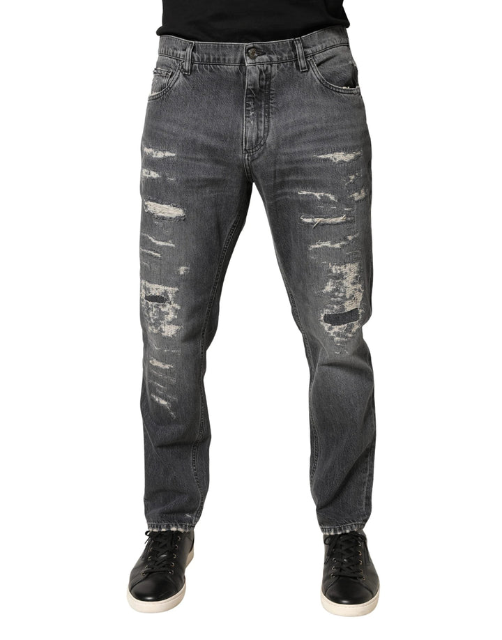 Dolce &amp; Gabbana Sample Sale Dolce &amp; Gabbana Dark Gray Tattered Cotton Loose Denim Jeans - | Designer outlet