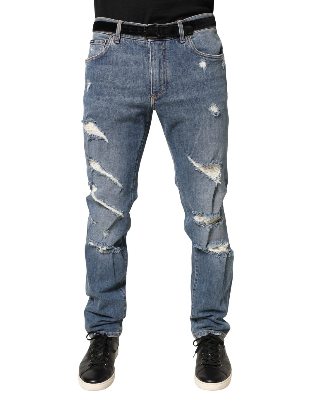 Dolce &amp; Gabbana Sample Sale Dolce &amp; Gabbana Blue Tattered Slim Fit Cotton Denim Jeans - | Designer outlet