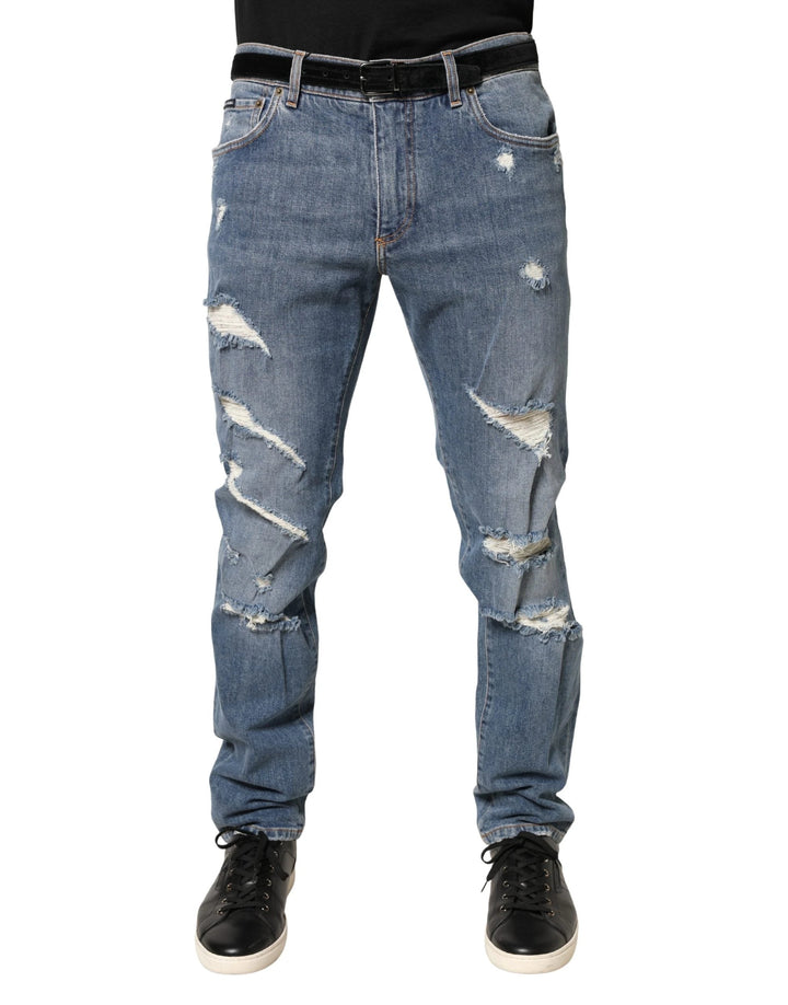 Dolce &amp; Gabbana Sample Sale Dolce &amp; Gabbana Blue Tattered Slim Fit Cotton Denim Jeans - | Designer outlet