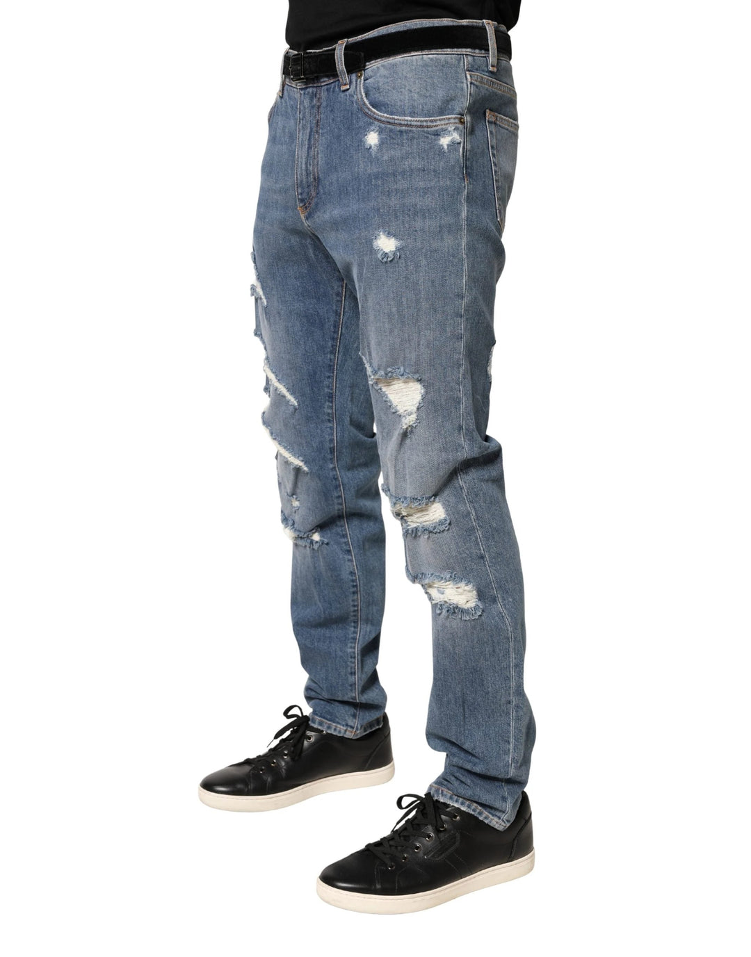 Dolce &amp; Gabbana Sample Sale Dolce &amp; Gabbana Blue Tattered Slim Fit Cotton Denim Jeans - | Designer outlet