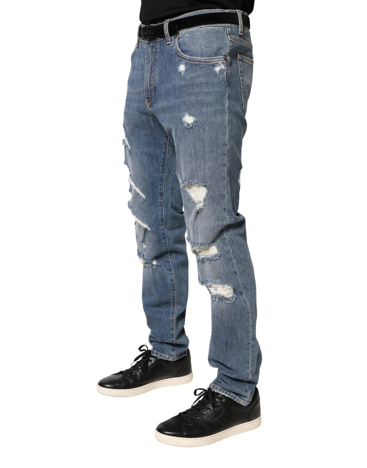 Dolce &amp; Gabbana Sample Sale Dolce &amp; Gabbana Blue Tattered Slim Fit Cotton Denim Jeans - | Designer outlet