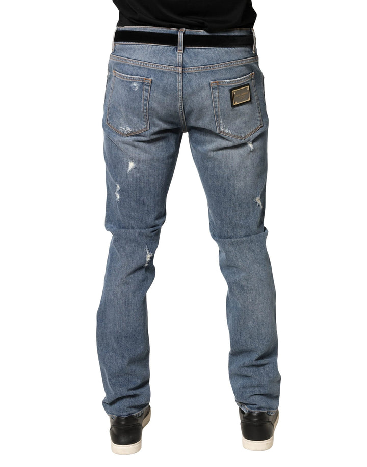 Dolce &amp; Gabbana Sample Sale Dolce &amp; Gabbana Blue Tattered Slim Fit Cotton Denim Jeans - | Designer outlet
