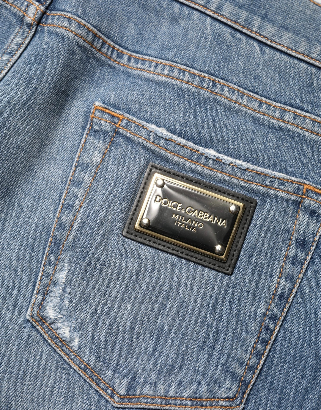 Dolce &amp; Gabbana Sample Sale Dolce &amp; Gabbana Blue Tattered Slim Fit Cotton Denim Jeans - | Designer outlet