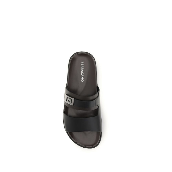 Ferragamo Black Calf Leather Bos Taurus Strap-On Sandals