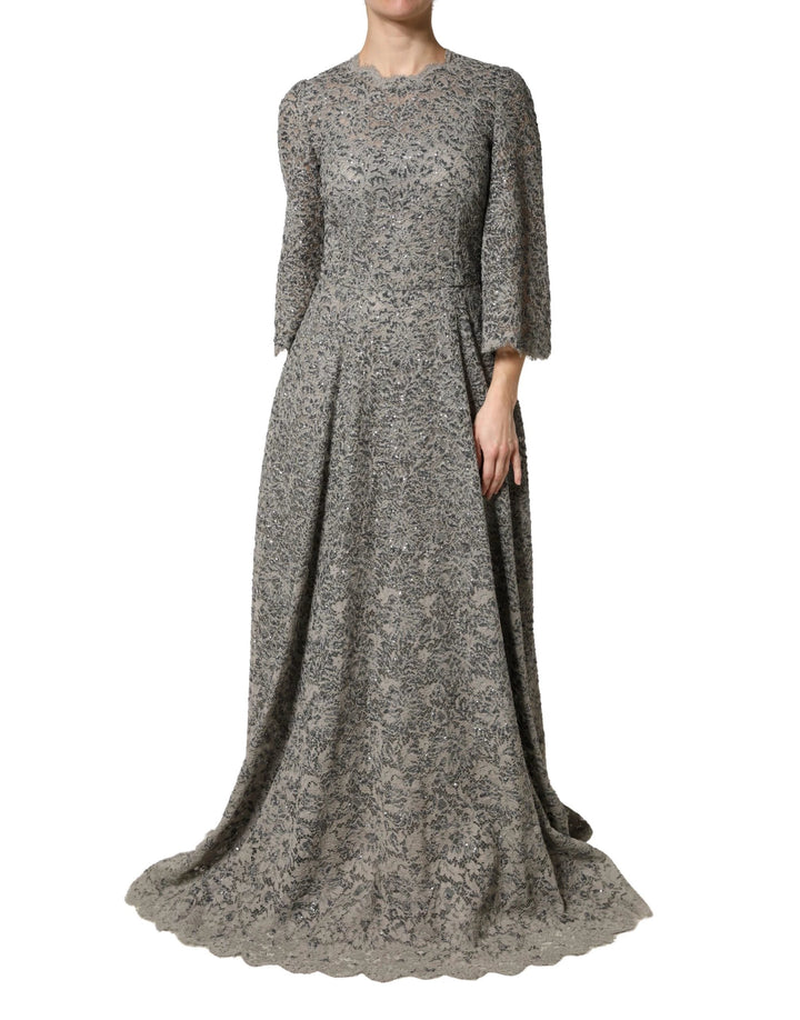 Dolce &amp; Gabbana Sample Sale Dolce &amp; Gabbana Gray Lace Long Sleeves Cotton Maxi Dress - | Designer outlet