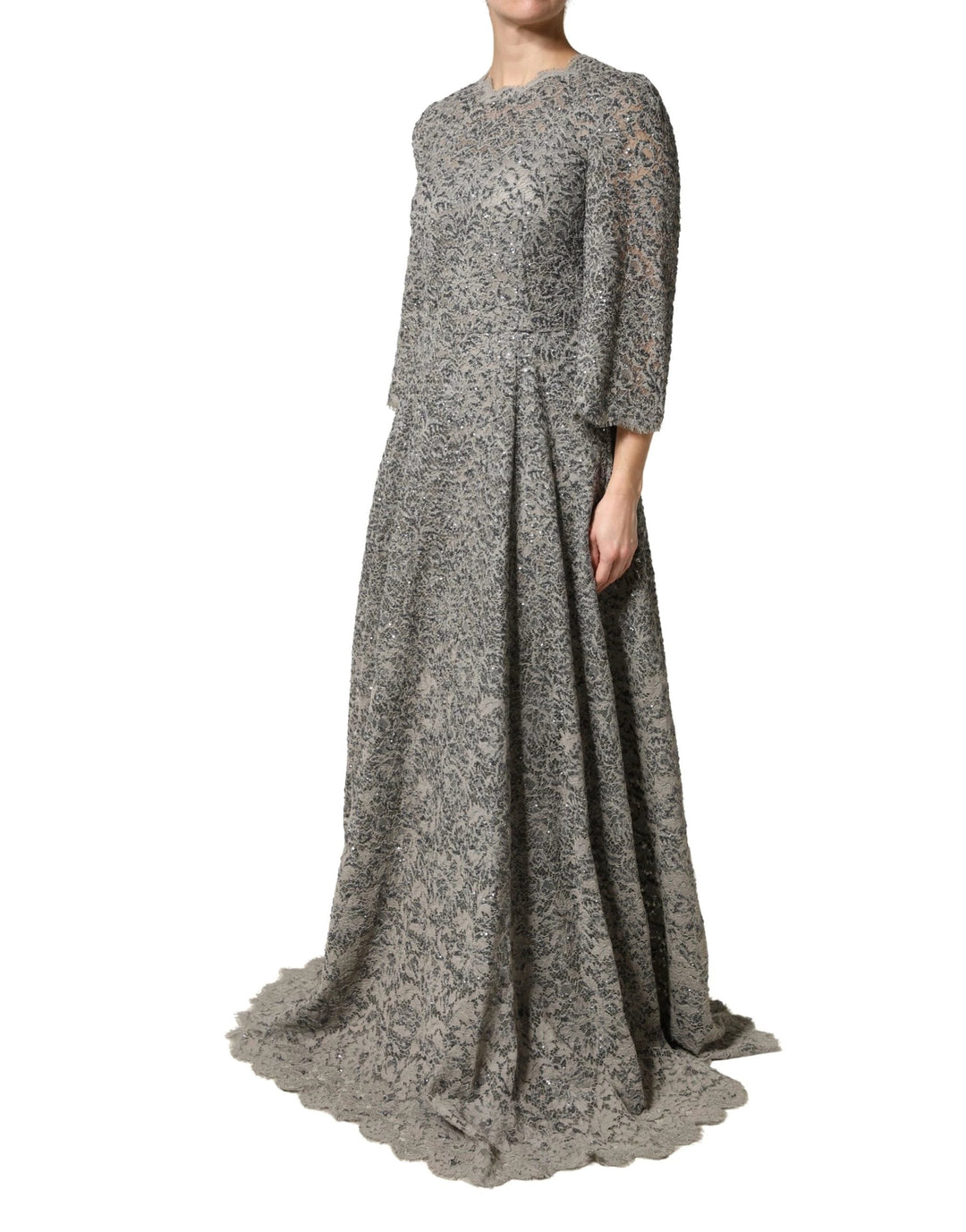 Dolce &amp; Gabbana Sample Sale Dolce &amp; Gabbana Gray Lace Long Sleeves Cotton Maxi Dress - | Designer outlet