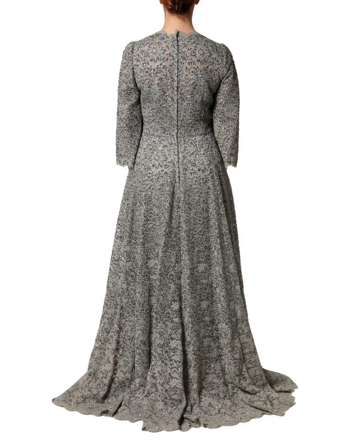 Dolce &amp; Gabbana Sample Sale Dolce &amp; Gabbana Gray Lace Long Sleeves Cotton Maxi Dress - | Designer outlet