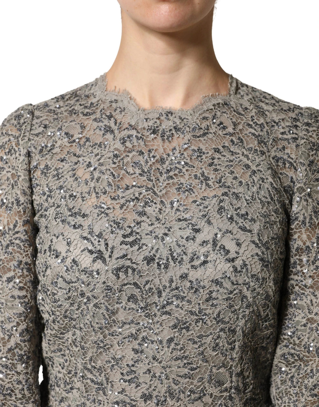 Dolce &amp; Gabbana Sample Sale Dolce &amp; Gabbana Gray Lace Long Sleeves Cotton Maxi Dress - | Designer outlet