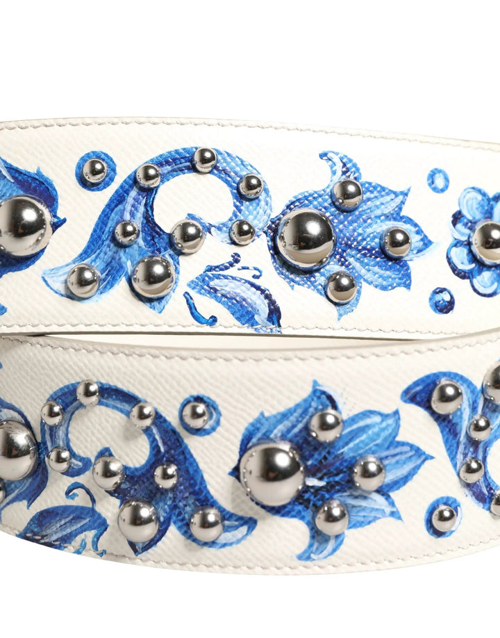 Dolce & Gabbana Sample Sale | Dolce & Gabbana White Blue Floral Leather Stud Accessory Shoulder Strap - | Designer outlet