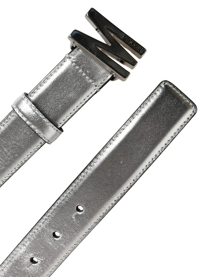 Moschino Couture Silver Leather Logo Metal Buckle Waist Belt