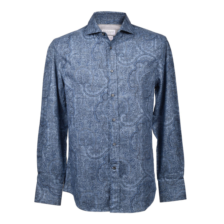 Brunello Cucinelli Blue Cotton Pattern Shirt