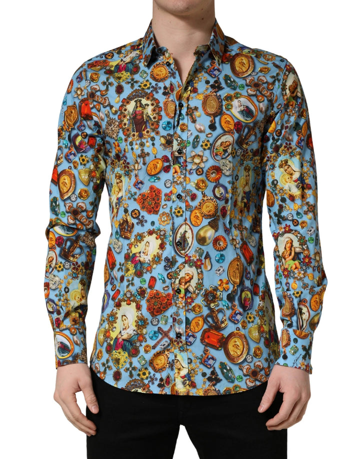Dolce &amp; Gabbana Sample Sale Dolce &amp; Gabbana Blue Cotton Jewel Print Button Down GOLD Shirt - | Designer outlet