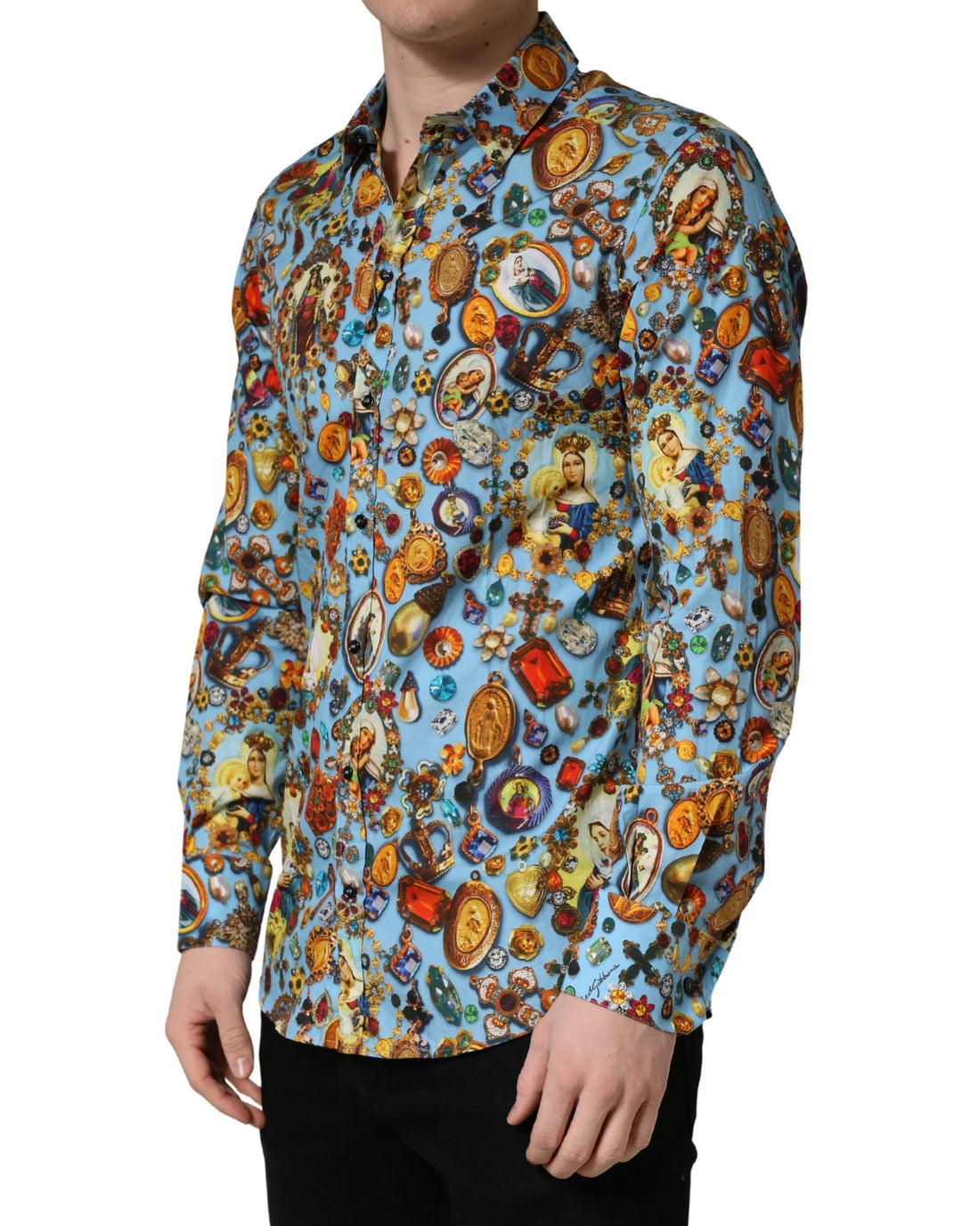 Dolce &amp; Gabbana Sample Sale Dolce &amp; Gabbana Blue Cotton Jewel Print Button Down GOLD Shirt - | Designer outlet