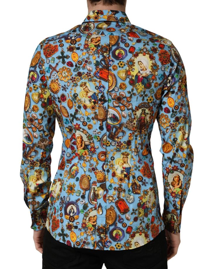 Dolce &amp; Gabbana Sample Sale Dolce &amp; Gabbana Blue Cotton Jewel Print Button Down GOLD Shirt - | Designer outlet
