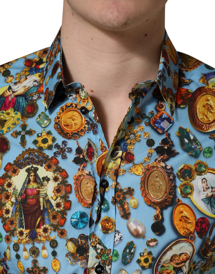 Dolce &amp; Gabbana Sample Sale Dolce &amp; Gabbana Blue Cotton Jewel Print Button Down GOLD Shirt - | Designer outlet