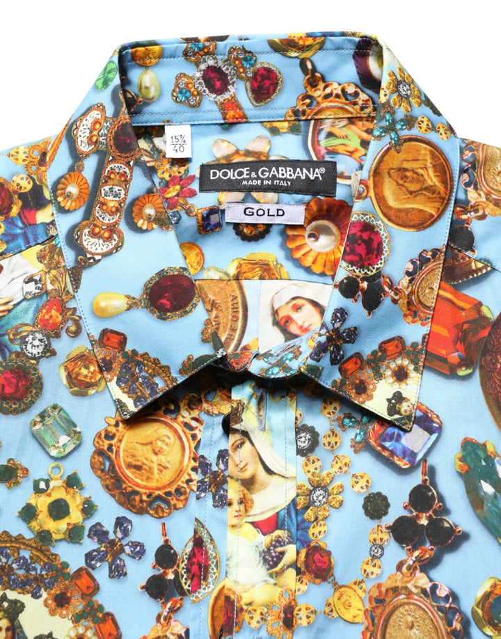 Dolce &amp; Gabbana Sample Sale Dolce &amp; Gabbana Blue Cotton Jewel Print Button Down GOLD Shirt - | Designer outlet