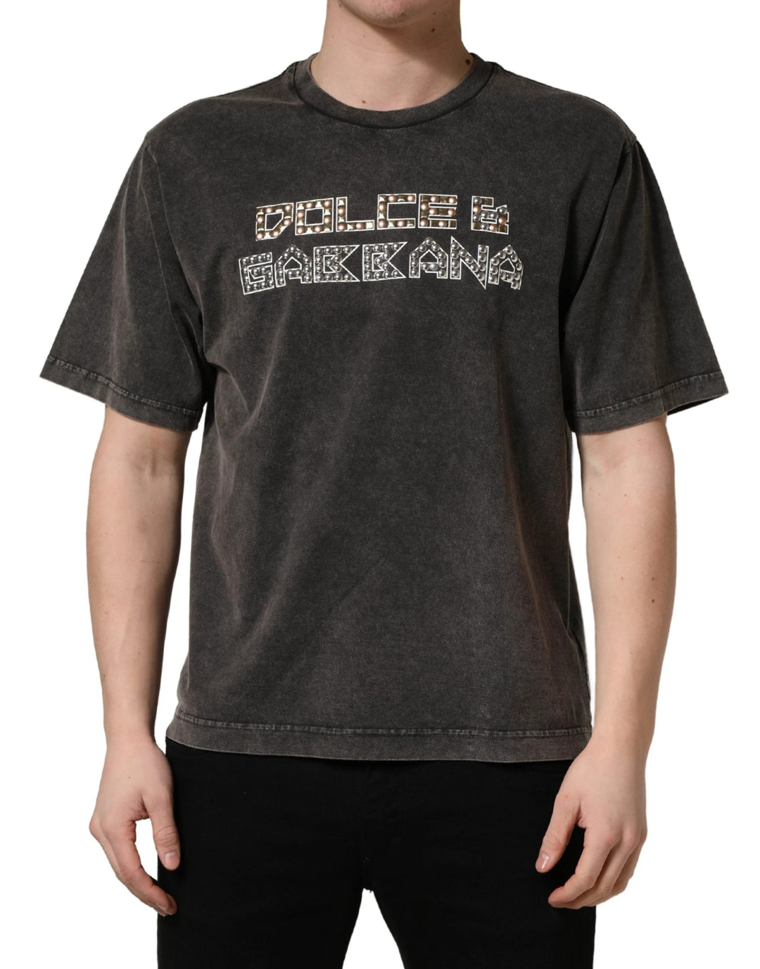 Dolce &amp; Gabbana Sample Sale Dolce &amp; Gabbana Gray Logo Embellished Men Crew Neck T-shirt - | Designer outlet