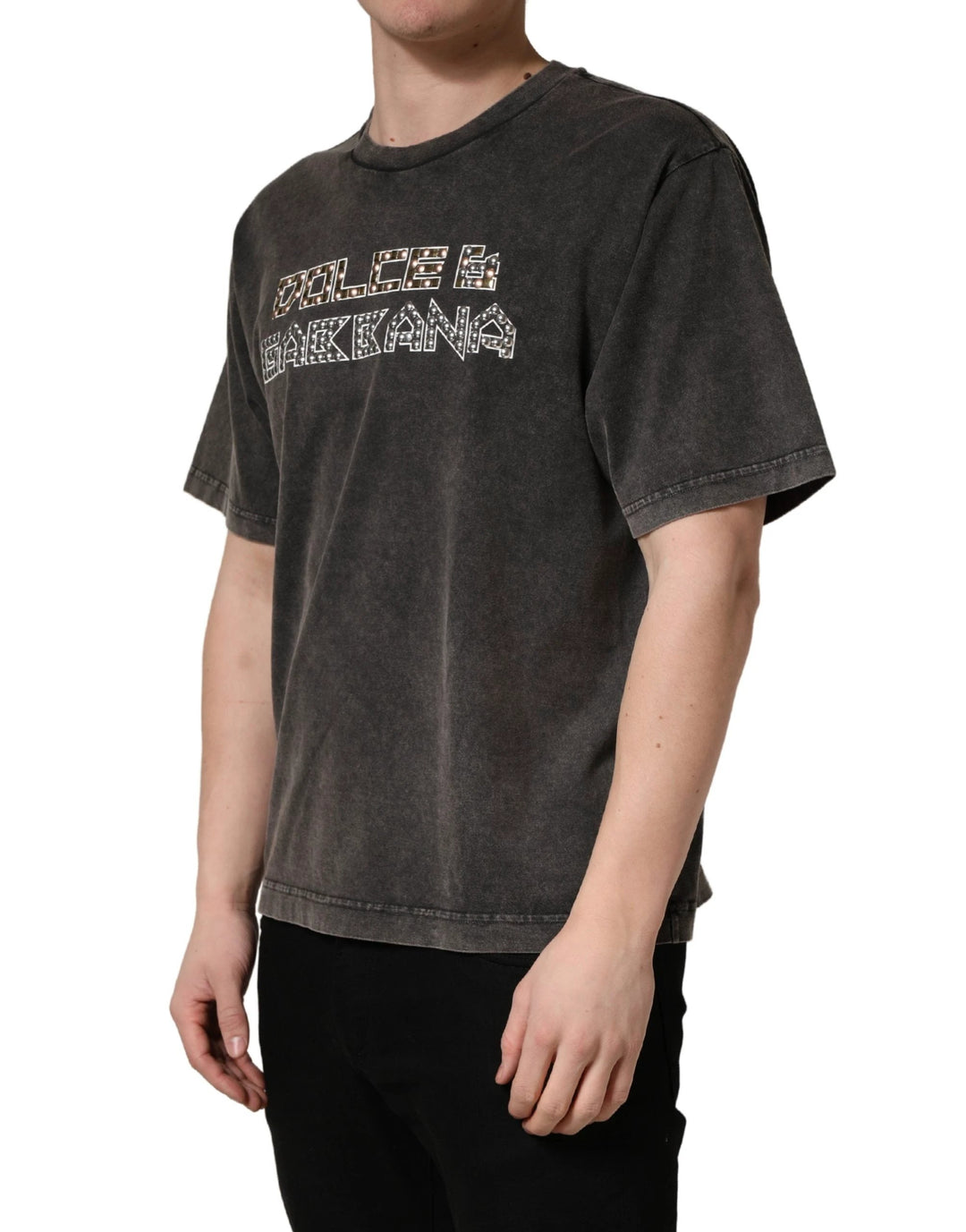 Dolce &amp; Gabbana Sample Sale Dolce &amp; Gabbana Gray Logo Embellished Men Crew Neck T-shirt - | Designer outlet