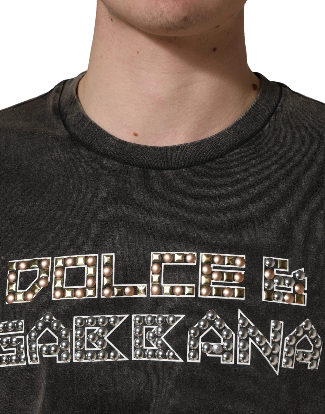Dolce &amp; Gabbana Sample Sale Dolce &amp; Gabbana Gray Logo Embellished Men Crew Neck T-shirt - | Designer outlet