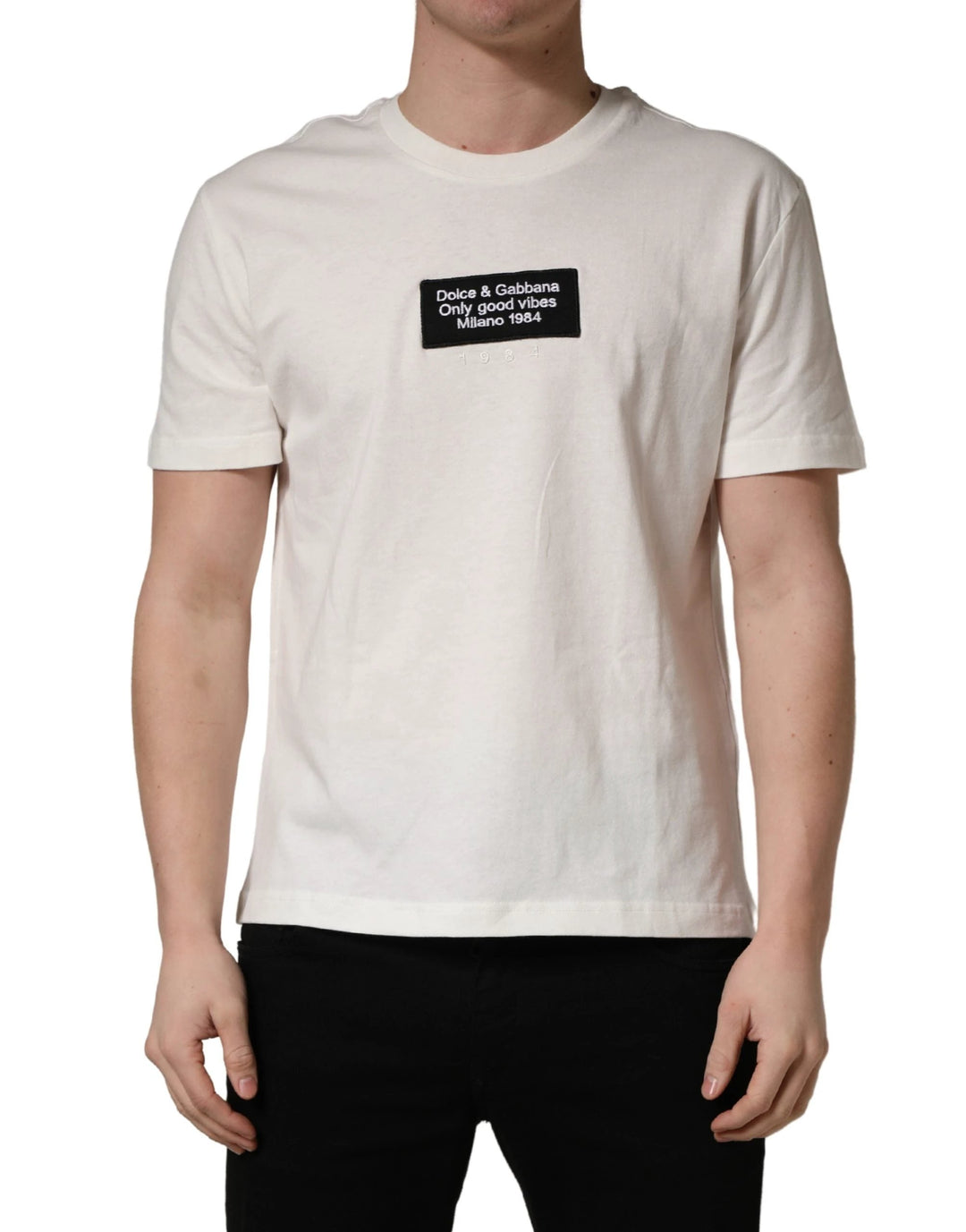 Dolce &amp; Gabbana Sample Sale Dolce &amp; Gabbana White Logo Patch Cotton Men Crew Neck T-shirt - | Designer outlet