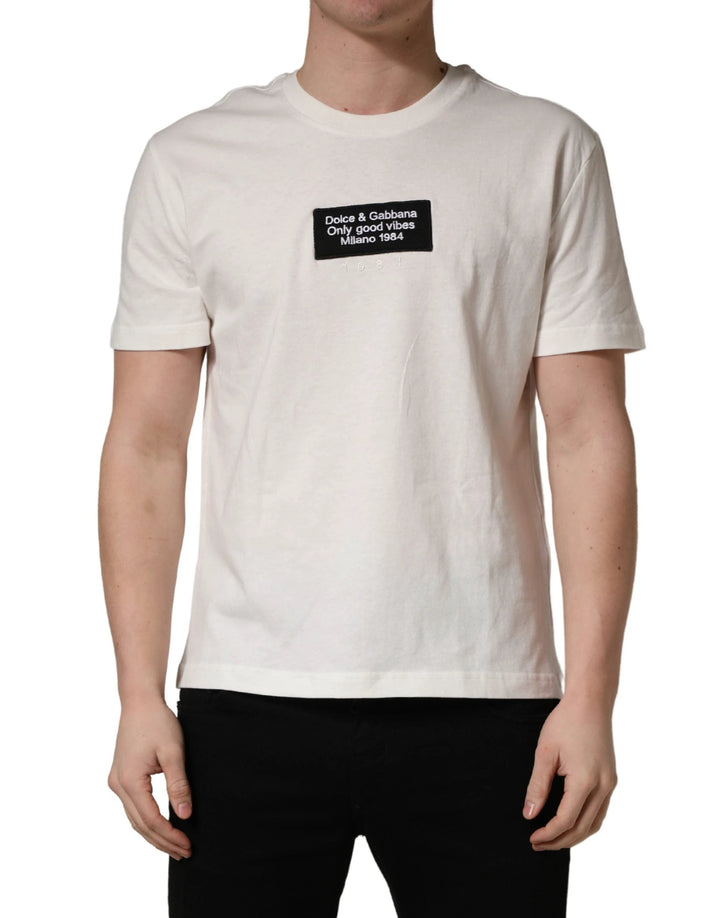 Dolce &amp; Gabbana Sample Sale Dolce &amp; Gabbana White Logo Patch Cotton Men Crew Neck T-shirt - | Designer outlet