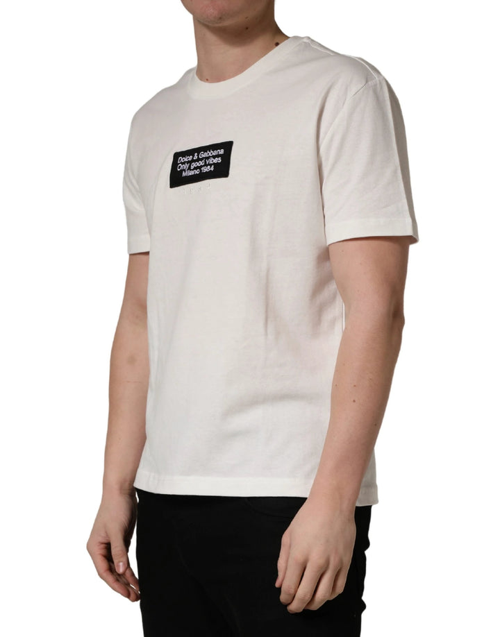Dolce &amp; Gabbana Sample Sale Dolce &amp; Gabbana White Logo Patch Cotton Men Crew Neck T-shirt - | Designer outlet