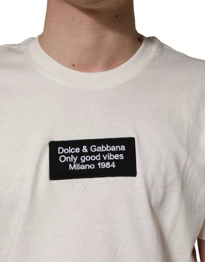 Dolce &amp; Gabbana Sample Sale Dolce &amp; Gabbana White Logo Patch Cotton Men Crew Neck T-shirt - | Designer outlet
