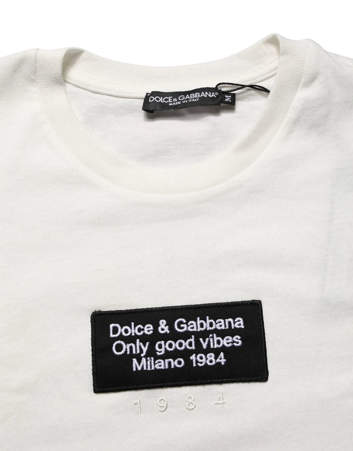 Dolce &amp; Gabbana Sample Sale Dolce &amp; Gabbana White Logo Patch Cotton Men Crew Neck T-shirt - | Designer outlet