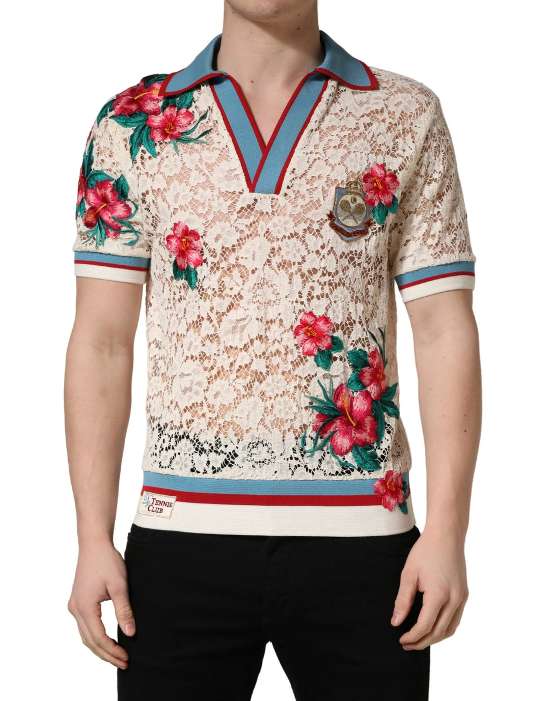 Dolce &amp; Gabbana Beige Floral Tennis Club Lace Polo T-shirt