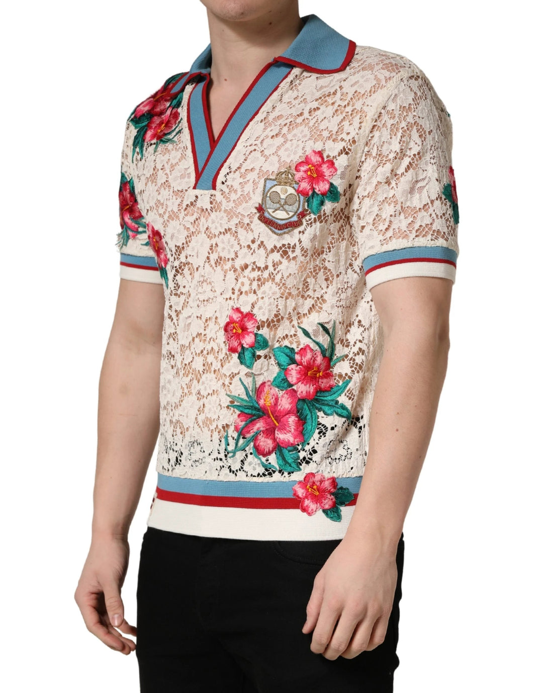 Dolce &amp; Gabbana Beige Floral Tennis Club Lace Polo T-shirt