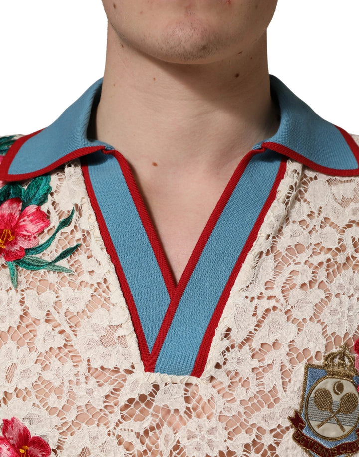 Dolce &amp; Gabbana Beige Floral Tennis Club Lace Polo T-shirt