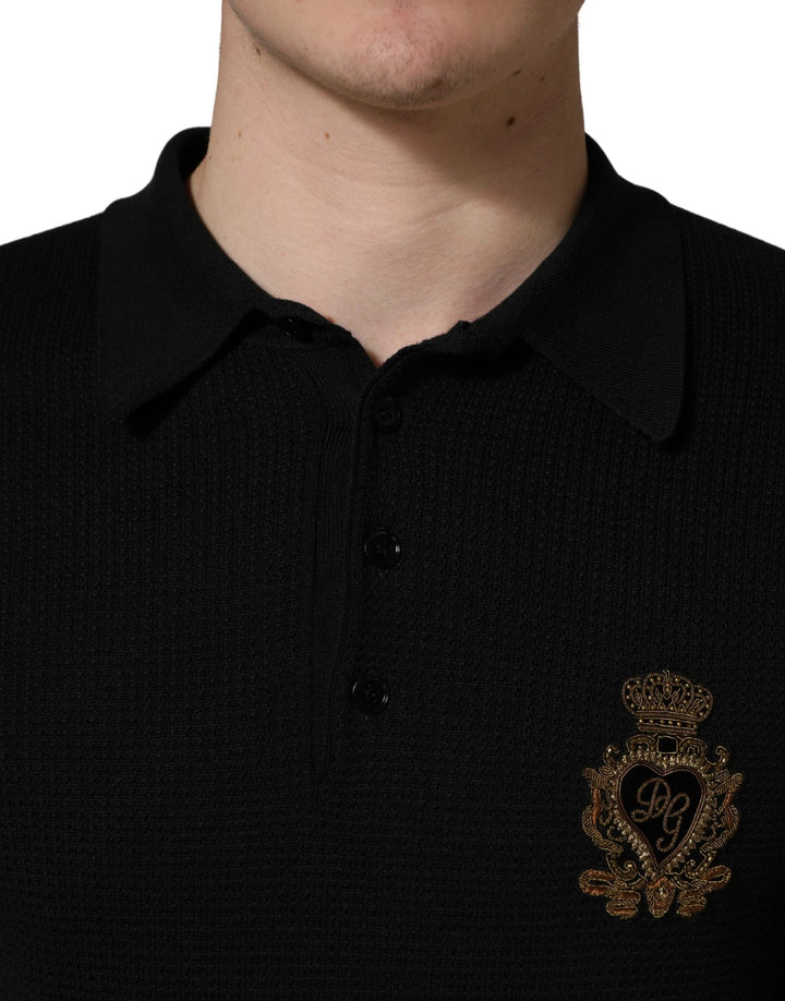 Dolce & Gabbana Black Heraldic Crest Patch Silk Polo T-shirt