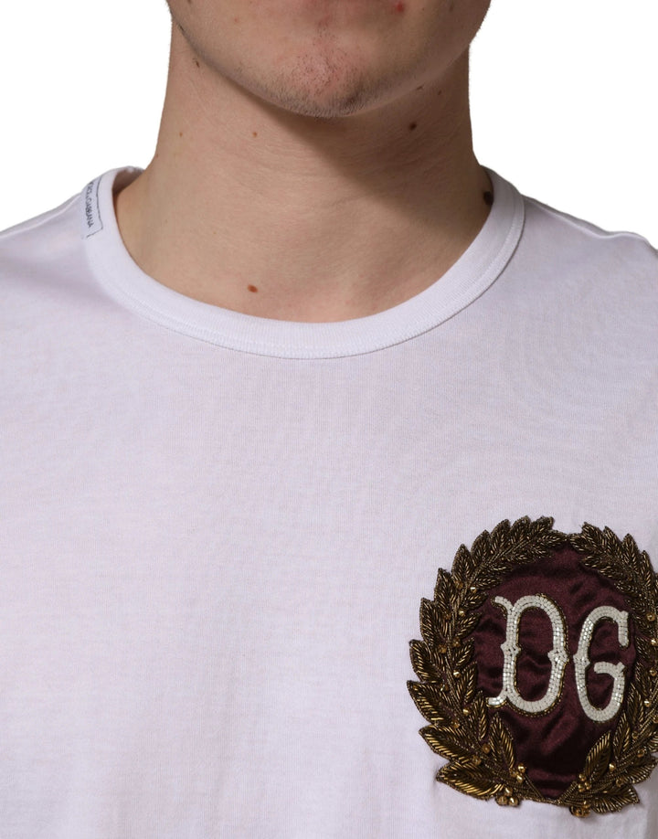 Dolce & Gabbana White DG Leaf Embroidery Crew Neck  T-shirt