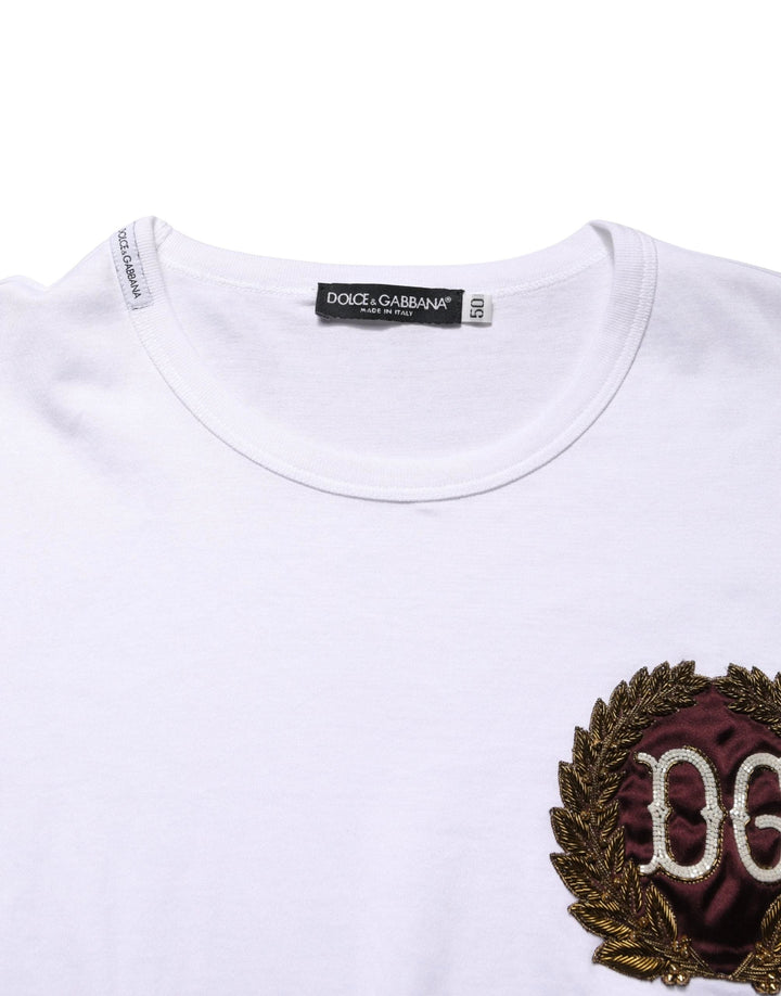 Dolce & Gabbana White DG Leaf Embroidery Crew Neck  T-shirt