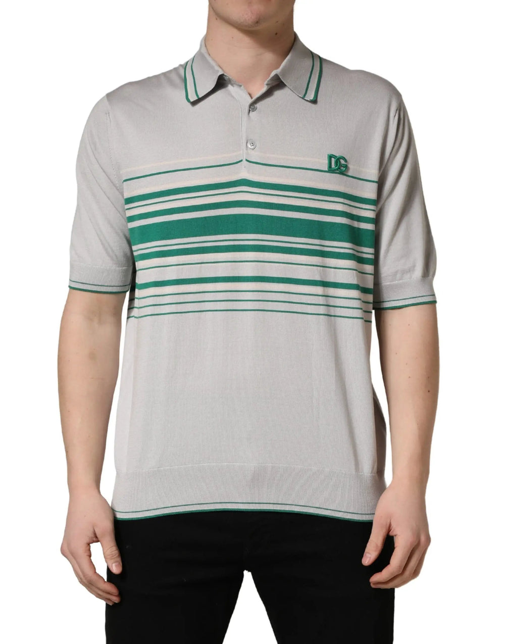Dolce & Gabbana Sample Sale | Dolce & Gabbana Gray Green Striped Logo Silk Polo T-shirt - | Designer outlet