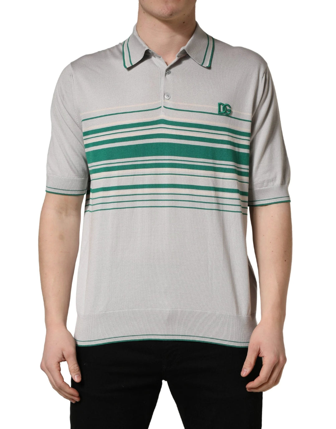 Dolce & Gabbana Sample Sale Dolce & Gabbana Gray Green Striped Logo Silk Polo T-shirt - | Designer outlet
