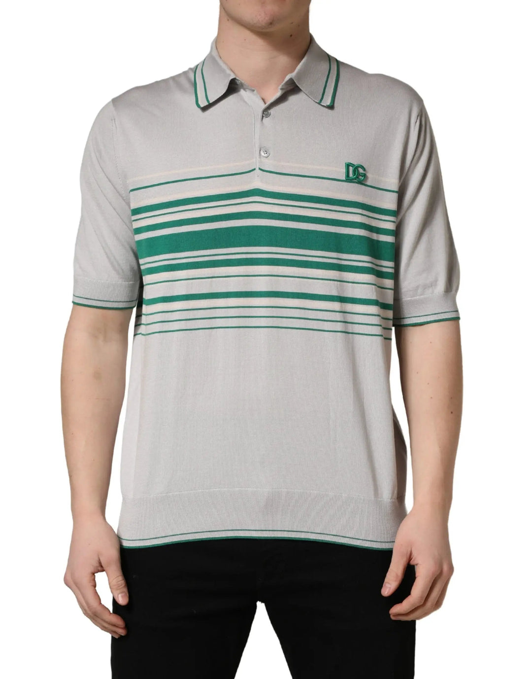 Dolce &amp; Gabbana Sample Sale | Dolce &amp; Gabbana Gray Green Striped Logo Silk Polo T-shirt - | Designer outlet