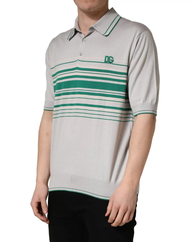 Dolce &amp; Gabbana Sample Sale | Dolce &amp; Gabbana Gray Green Striped Logo Silk Polo T-shirt - | Designer outlet
