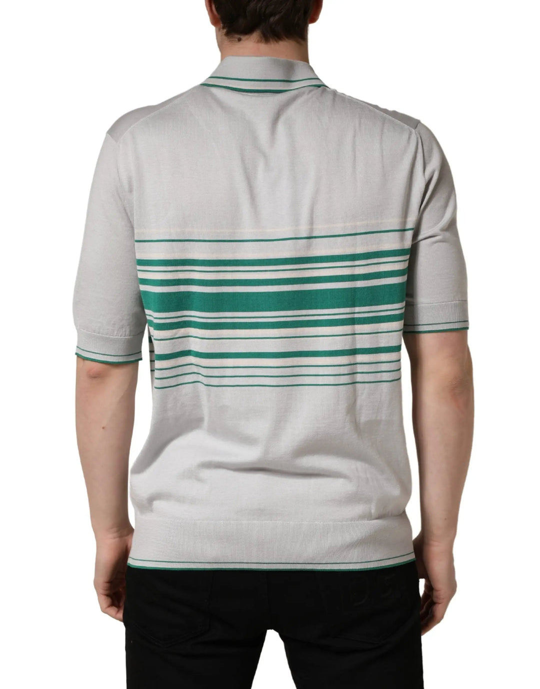Dolce &amp; Gabbana Sample Sale | Dolce &amp; Gabbana Gray Green Striped Logo Silk Polo T-shirt - | Designer outlet