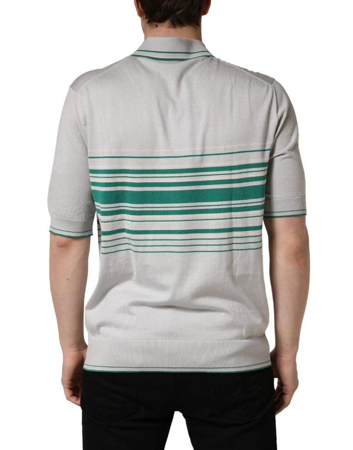 Dolce &amp; Gabbana Sample Sale | Dolce &amp; Gabbana Gray Green Striped Logo Silk Polo T-shirt - | Designer outlet