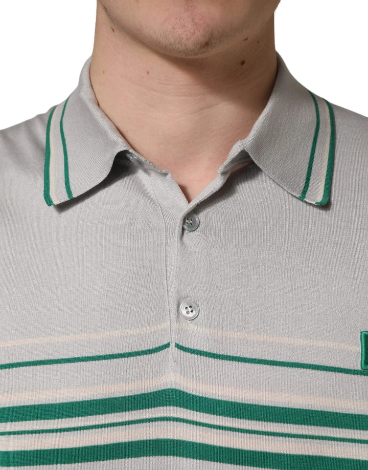 Dolce &amp; Gabbana Sample Sale | Dolce &amp; Gabbana Gray Green Striped Logo Silk Polo T-shirt - | Designer outlet