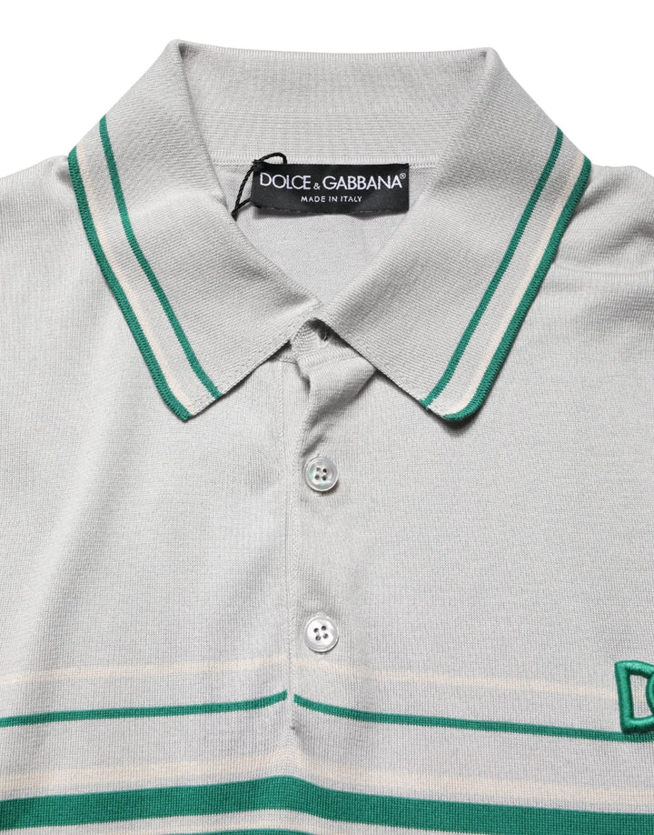 Dolce &amp; Gabbana Sample Sale | Dolce &amp; Gabbana Gray Green Striped Logo Silk Polo T-shirt - | Designer outlet
