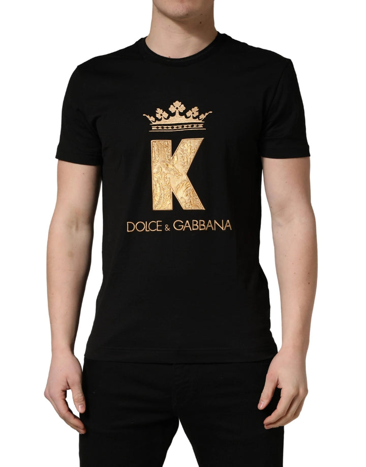 Dolce &amp; Gabbana Black King Patch Cotton Men CrewNeck T-shirt