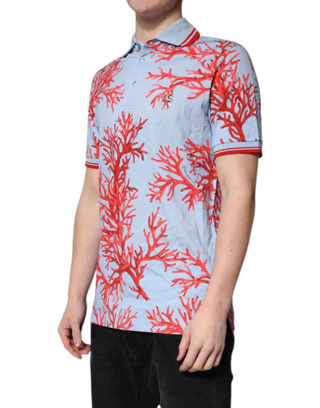 Dolce & Gabbana LightBlue Coral Cotton Collared Polo  T-shirt