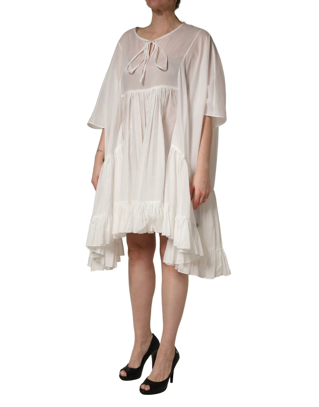 Dolce & Gabbana White Tiered Cotton Poplin Sheer Mini Dress