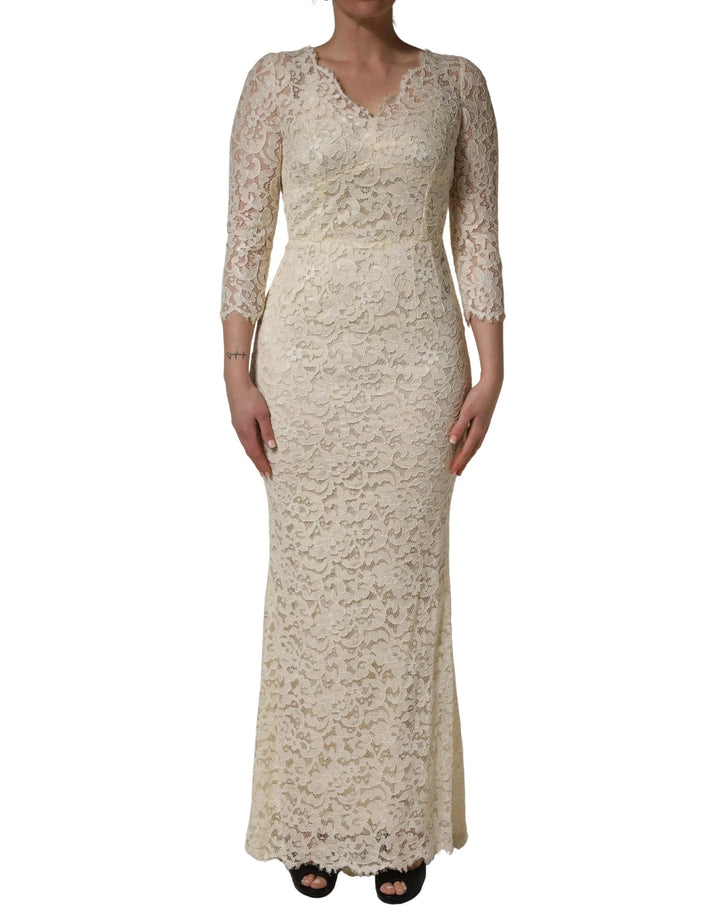 Dolce &amp; Gabbana Off White Floral Lace Sheath Maxi Dress