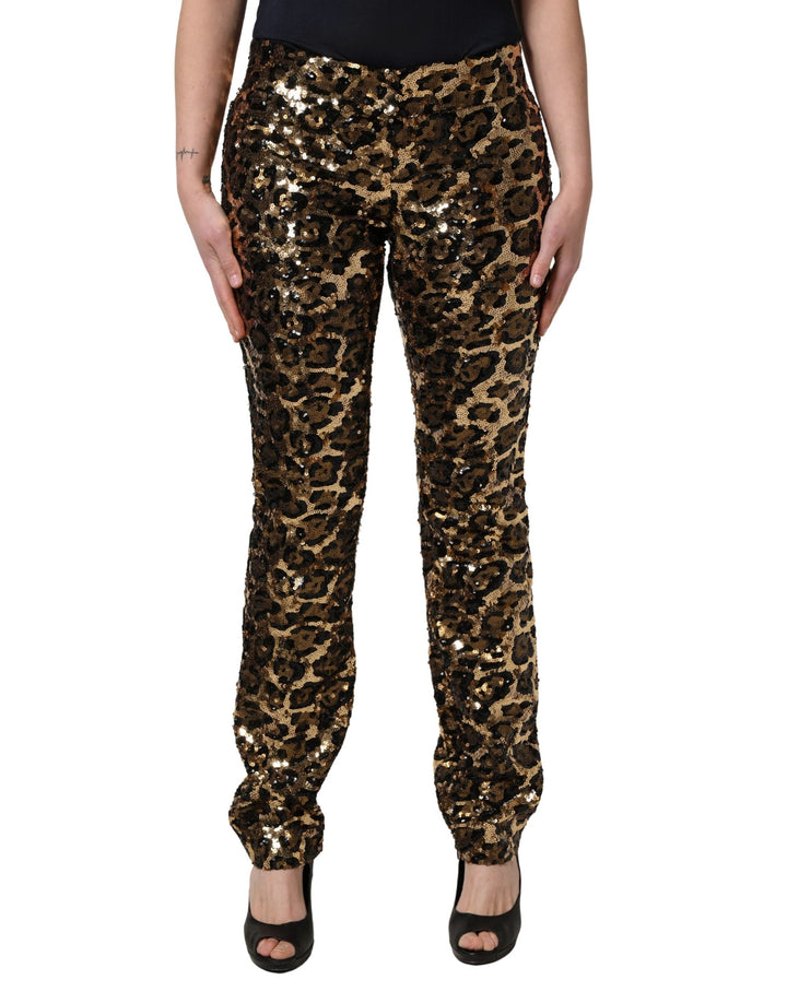 Dolce & Gabbana Gold Leopard Sequined Straight Trouser Pants
