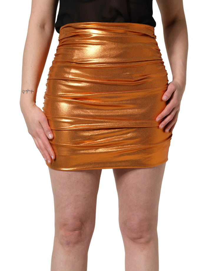 Dolce &amp; Gabbana Metallic Orange Ruched Lame Bodycon Mini Skirt