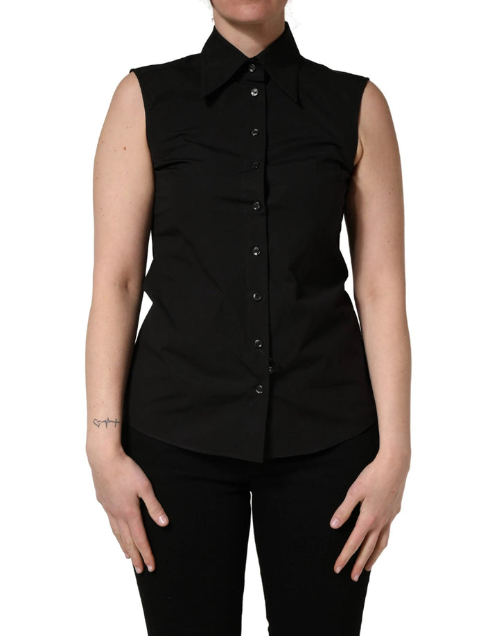 Dolce & Gabbana Black Cotton Sleeveless Collared Blouse Top