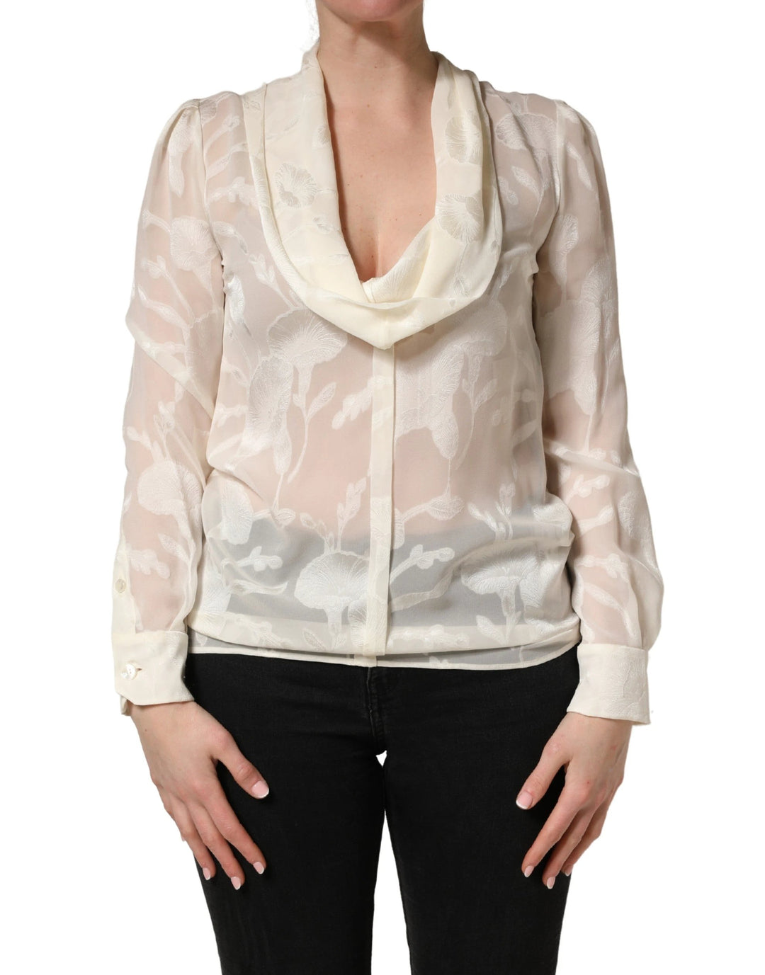 Dolce &amp; Gabbana Off White Floral Semi Sheer Silk Blouse Top